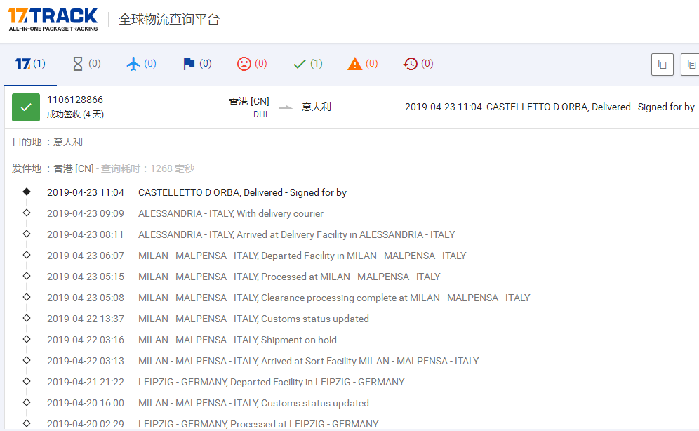 香港DHL小貨到意大利簽收時(shí)效