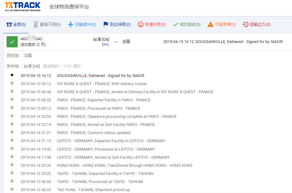 DHL專線-TW到法國(guó)簽收時(shí)效